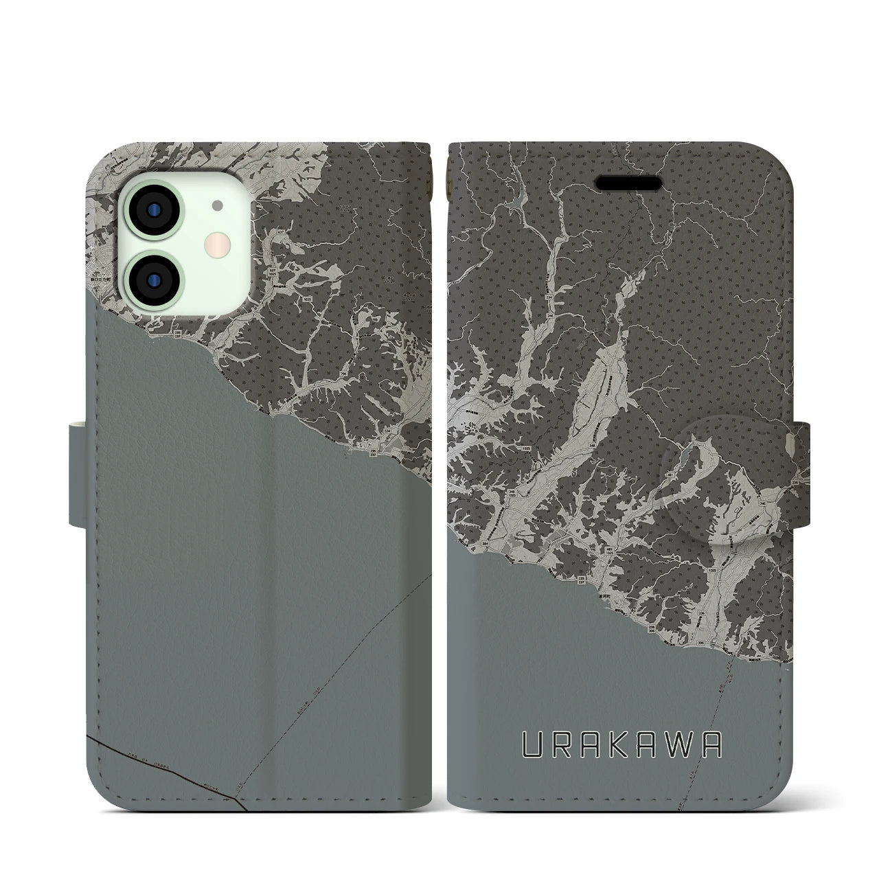 【浦河(北海道)】地図柄iPhoneケース(手帳タイプ)モノトーン・iPhone 12 mini 用