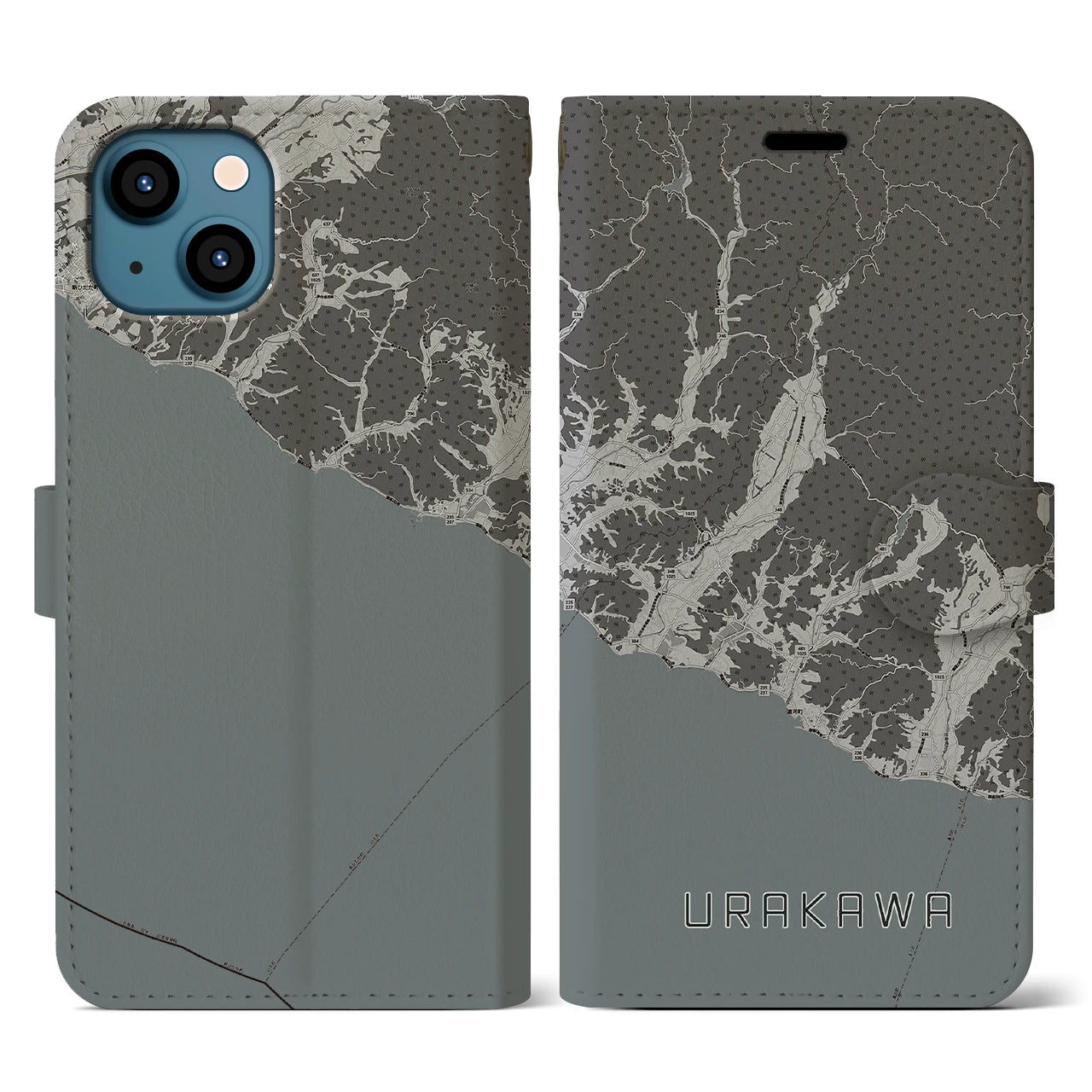 【浦河(北海道)】地図柄iPhoneケース(手帳タイプ)モノトーン・iPhone 13 用