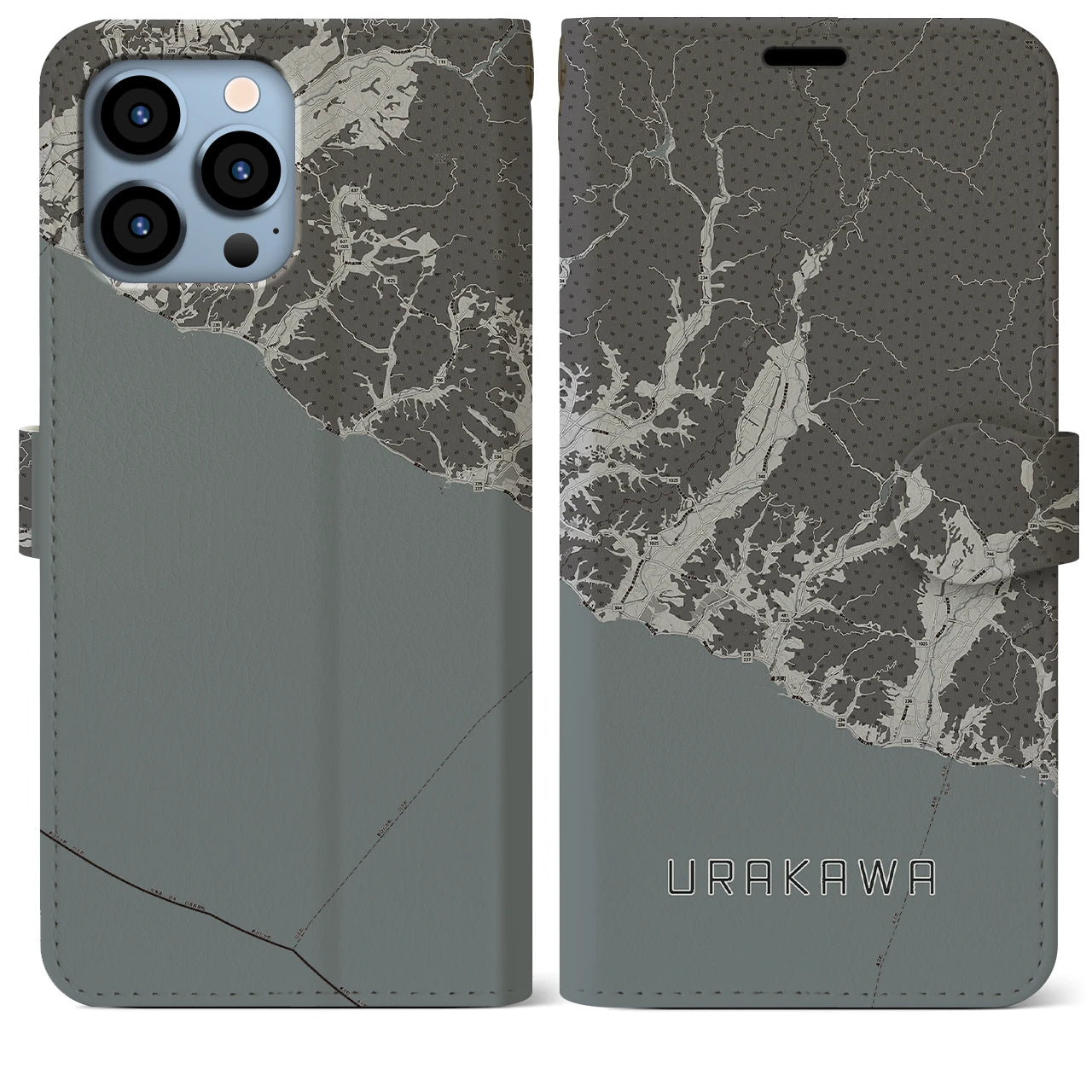 【浦河(北海道)】地図柄iPhoneケース(手帳タイプ)モノトーン・iPhone 13 Pro Max 用