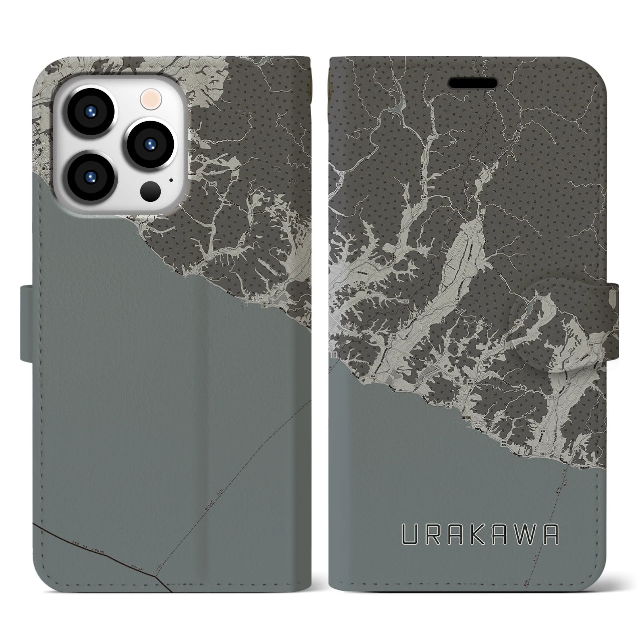 【浦河(北海道)】地図柄iPhoneケース(手帳タイプ)モノトーン・iPhone 13 Pro 用