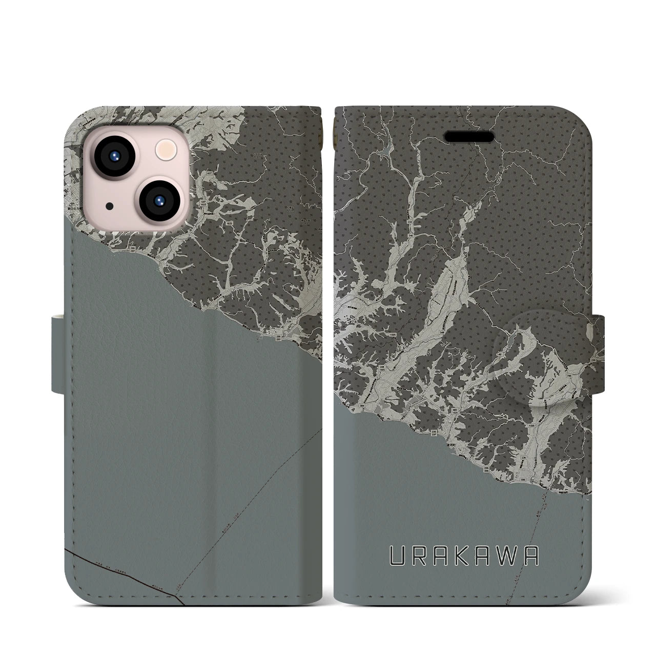 【浦河(北海道)】地図柄iPhoneケース(手帳タイプ)モノトーン・iPhone 13 mini 用