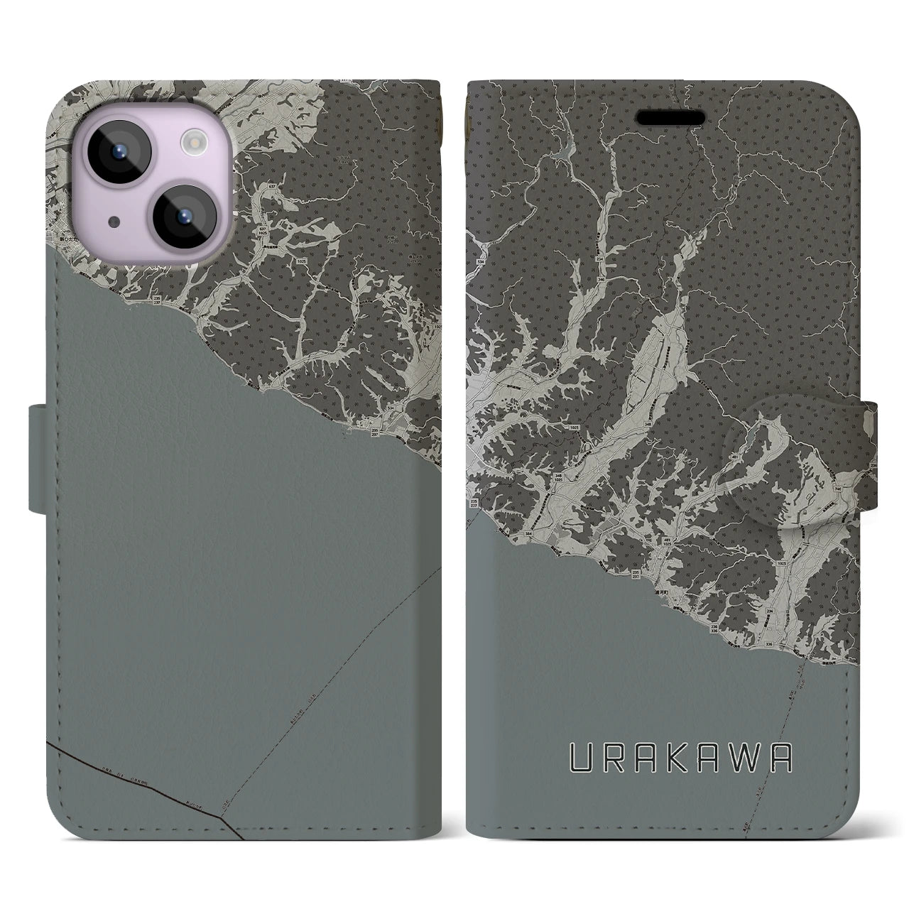 【浦河(北海道)】地図柄iPhoneケース(手帳タイプ)モノトーン・iPhone 14 用