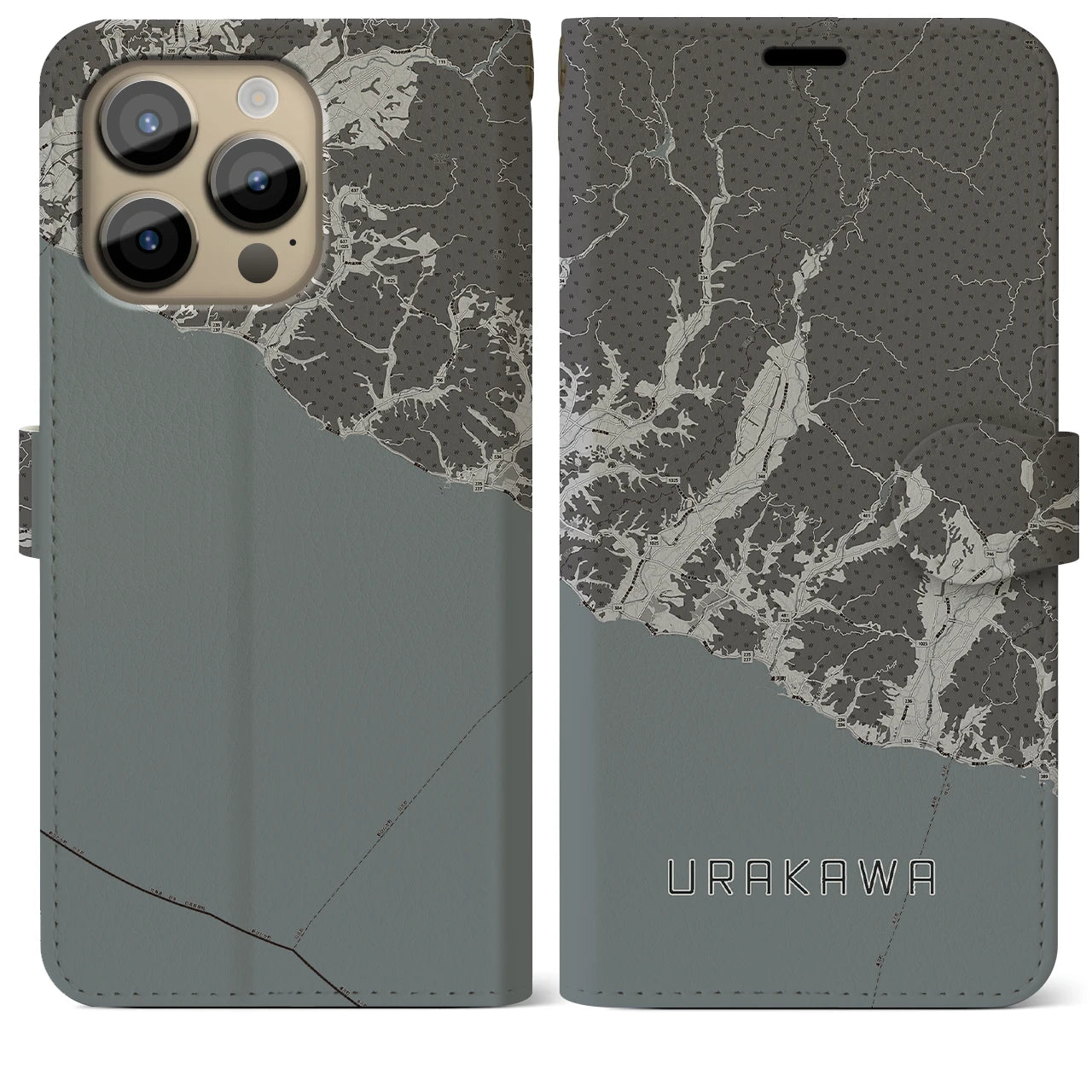 【浦河(北海道)】地図柄iPhoneケース(手帳タイプ)モノトーン・iPhone 14 Pro Max 用