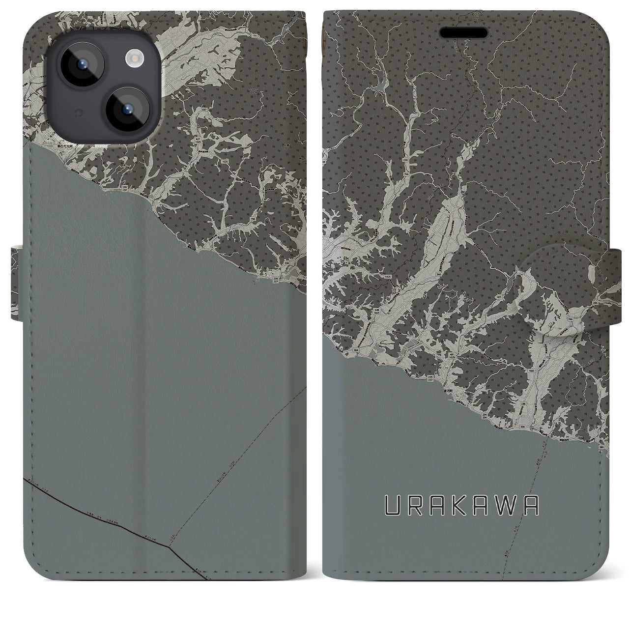 【浦河(北海道)】地図柄iPhoneケース(手帳タイプ)モノトーン・iPhone 14 Plus 用