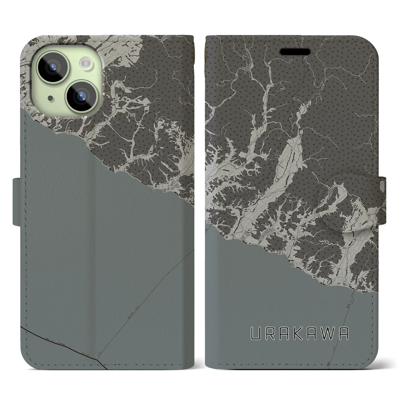 【浦河(北海道)】地図柄iPhoneケース(手帳タイプ)モノトーン・iPhone 15 用