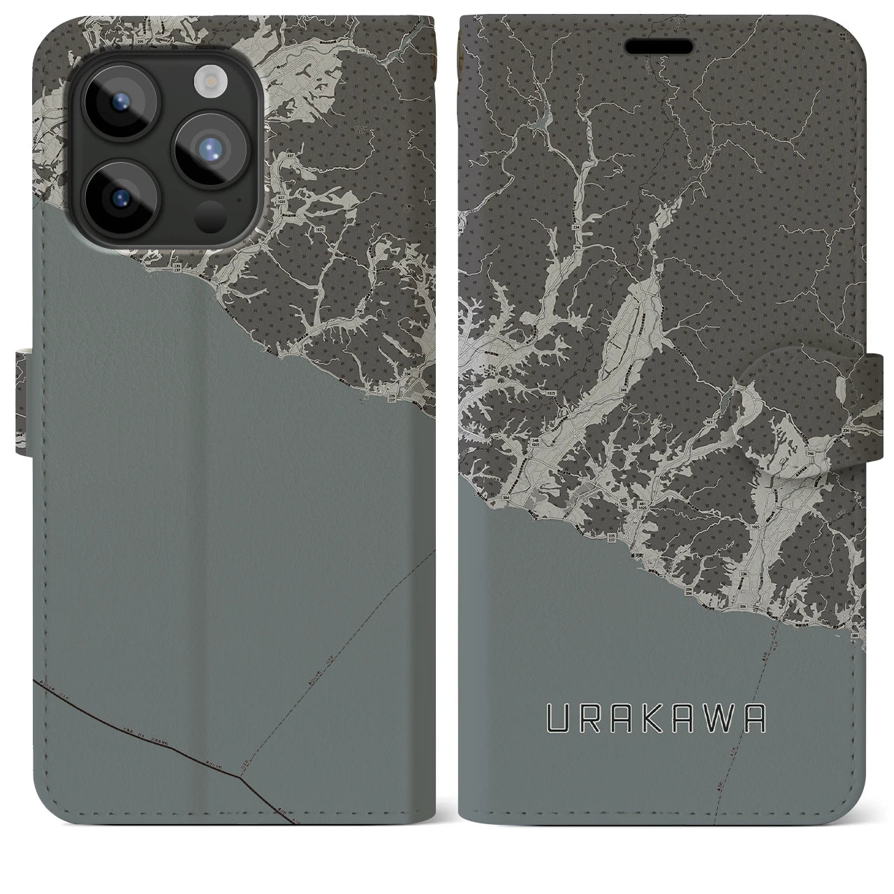 【浦河(北海道)】地図柄iPhoneケース(手帳タイプ)モノトーン・iPhone 15 Pro Max 用
