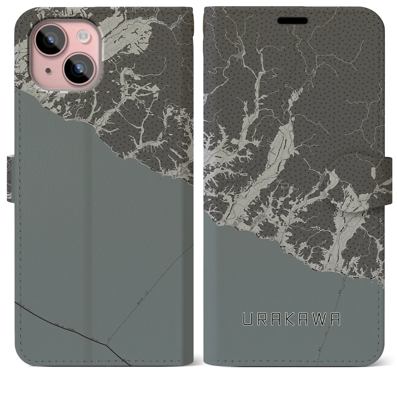 【浦河(北海道)】地図柄iPhoneケース(手帳タイプ)モノトーン・iPhone 15 Plus 用