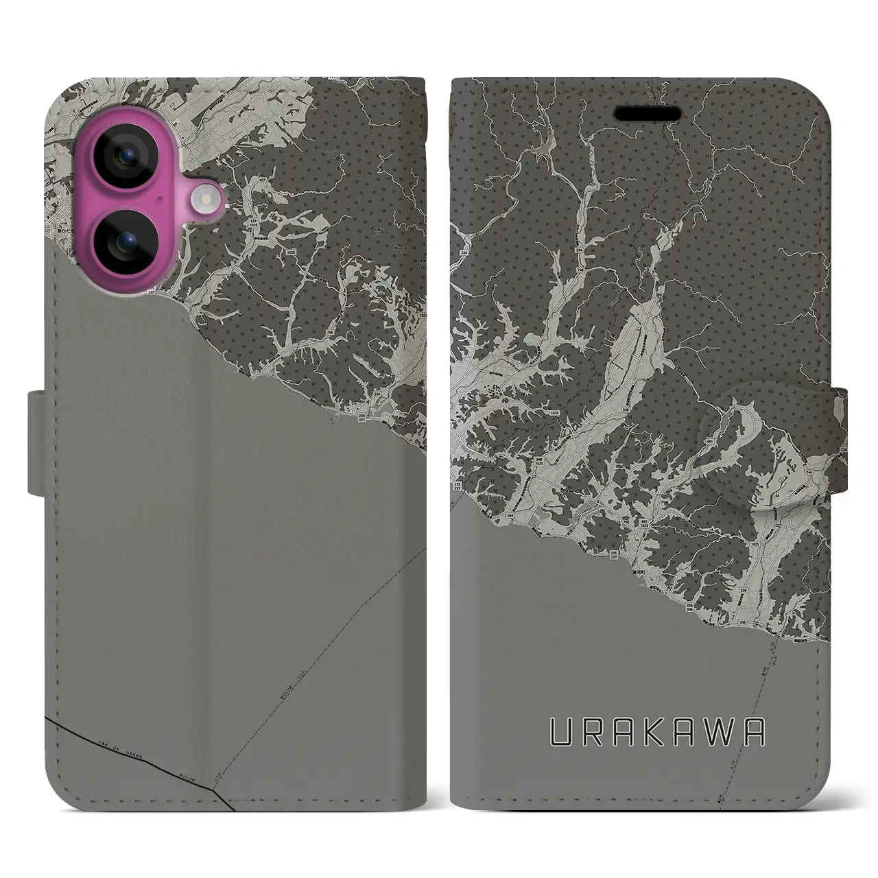 【浦河(北海道)】地図柄iPhoneケース(手帳タイプ)モノトーン・iPhone 16 Pro 用