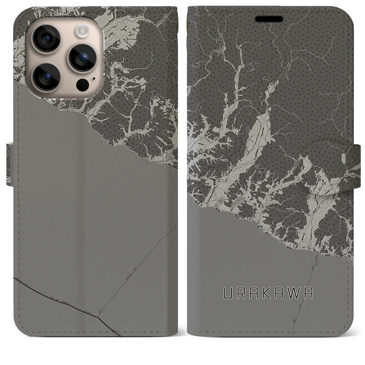 【浦河(北海道)】地図柄iPhoneケース(手帳タイプ)モノトーン・iPhone 16 Plus 用