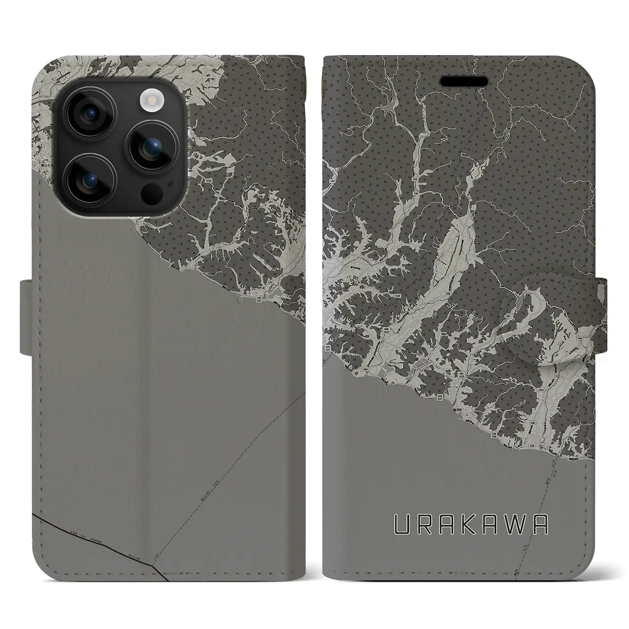 【浦河(北海道)】地図柄iPhoneケース(手帳タイプ)モノトーン・iPhone 16 用