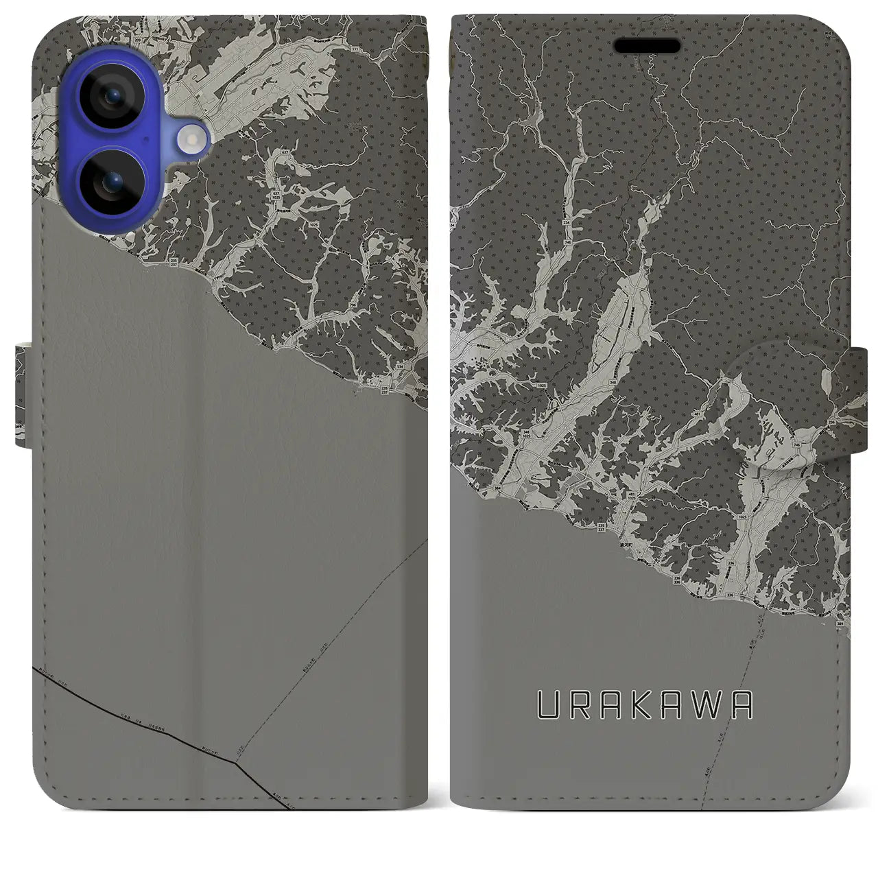 【浦河(北海道)】地図柄iPhoneケース(手帳タイプ)モノトーン・iPhone 16 Pro Max 用