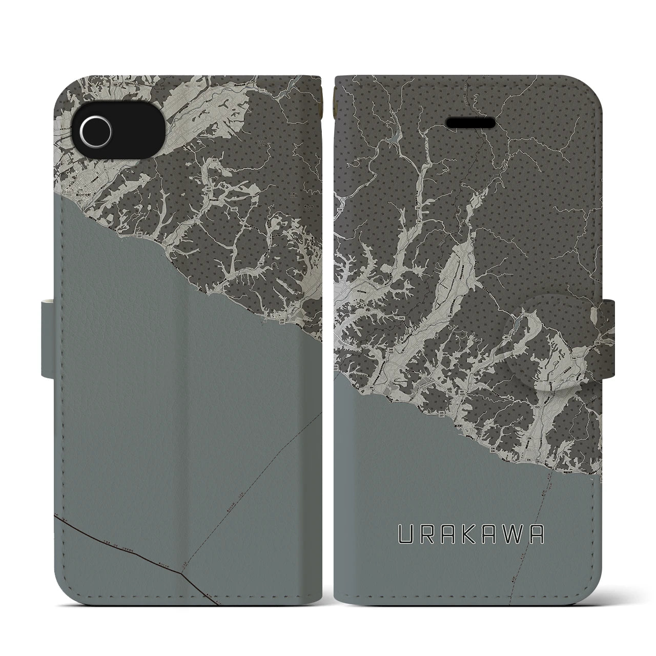 【浦河(北海道)】地図柄iPhoneケース(手帳タイプ)モノトーン・iPhone SE(第3 / 第2世代) / 8 / 7 / 6s / 6 用