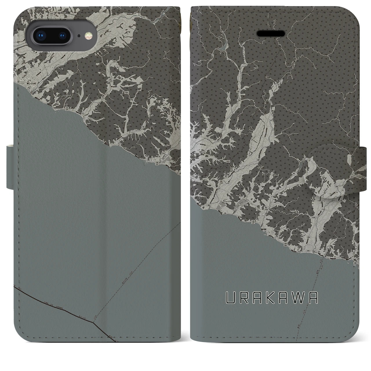 【浦河(北海道)】地図柄iPhoneケース(手帳タイプ)モノトーン・iPhone 8Plus /7Plus / 6sPlus / 6Plus 用