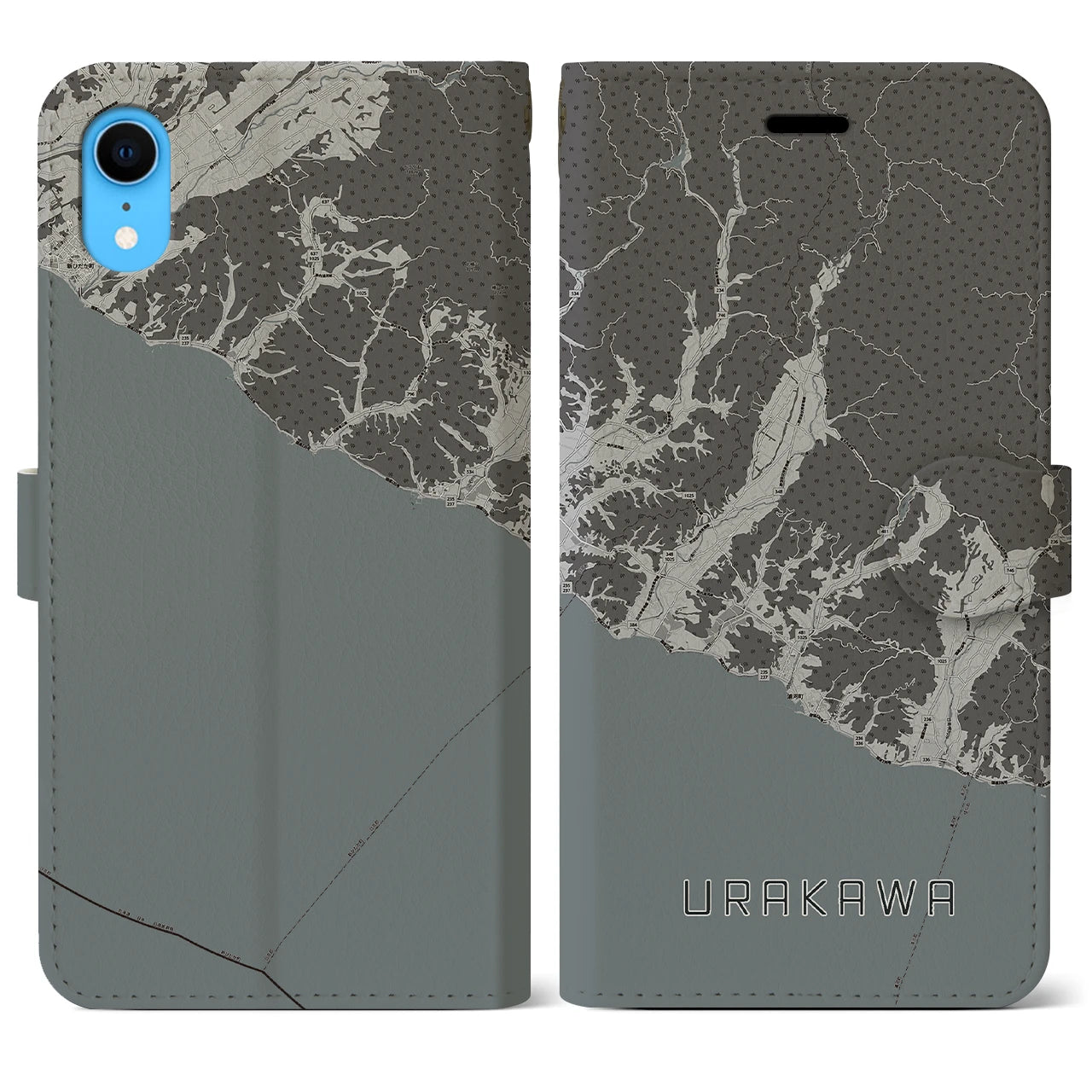 【浦河(北海道)】地図柄iPhoneケース(手帳タイプ)モノトーン・iPhone XR 用