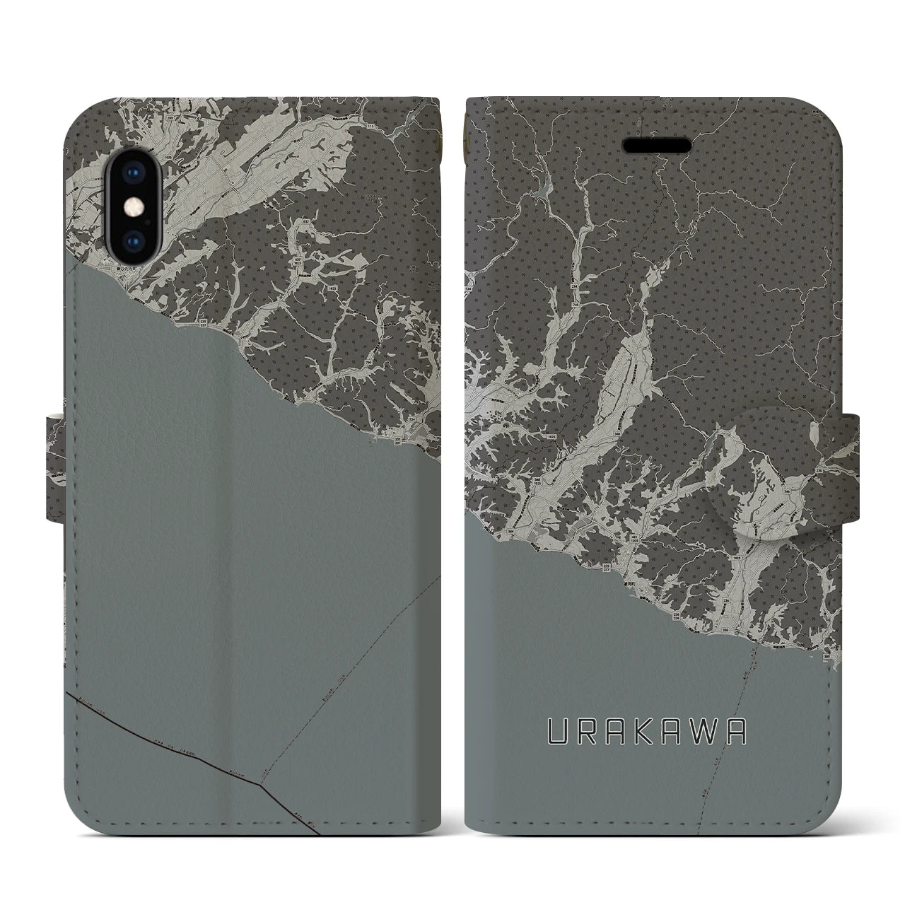 【浦河(北海道)】地図柄iPhoneケース(手帳タイプ)モノトーン・iPhone XS / X 用