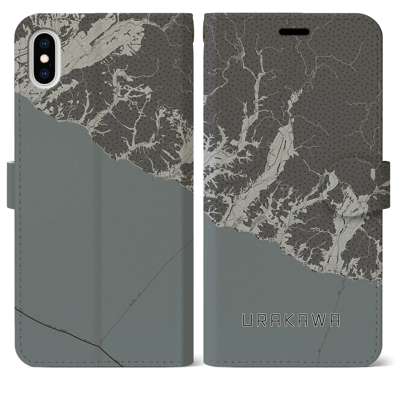 【浦河(北海道)】地図柄iPhoneケース(手帳タイプ)モノトーン・iPhone XS Max 用