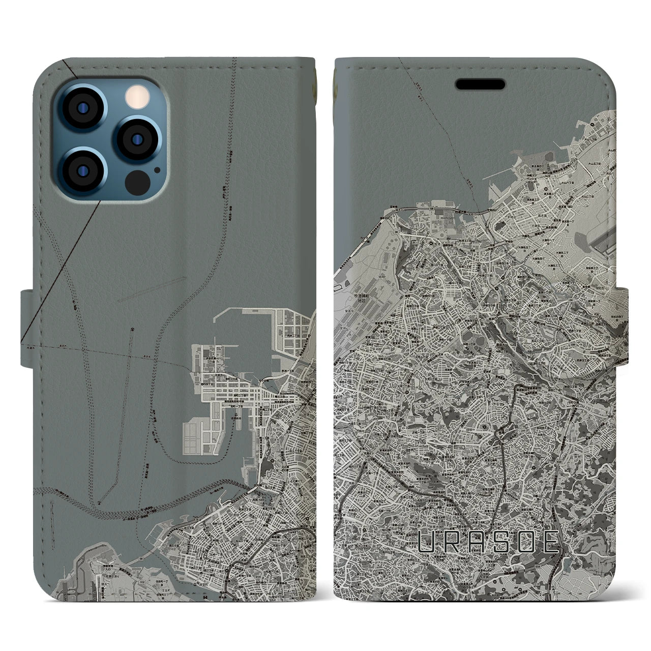 【浦添(沖縄県)】地図柄iPhoneケース(手帳タイプ)モノトーン・iPhone 12 / 12 Pro 用