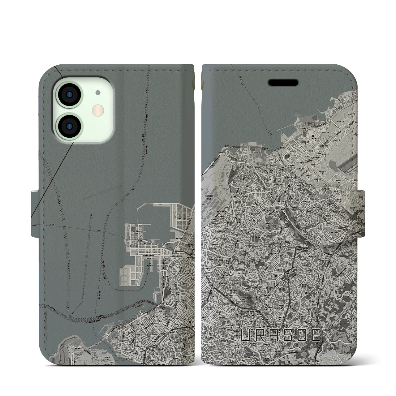 【浦添(沖縄県)】地図柄iPhoneケース(手帳タイプ)モノトーン・iPhone 12 mini 用