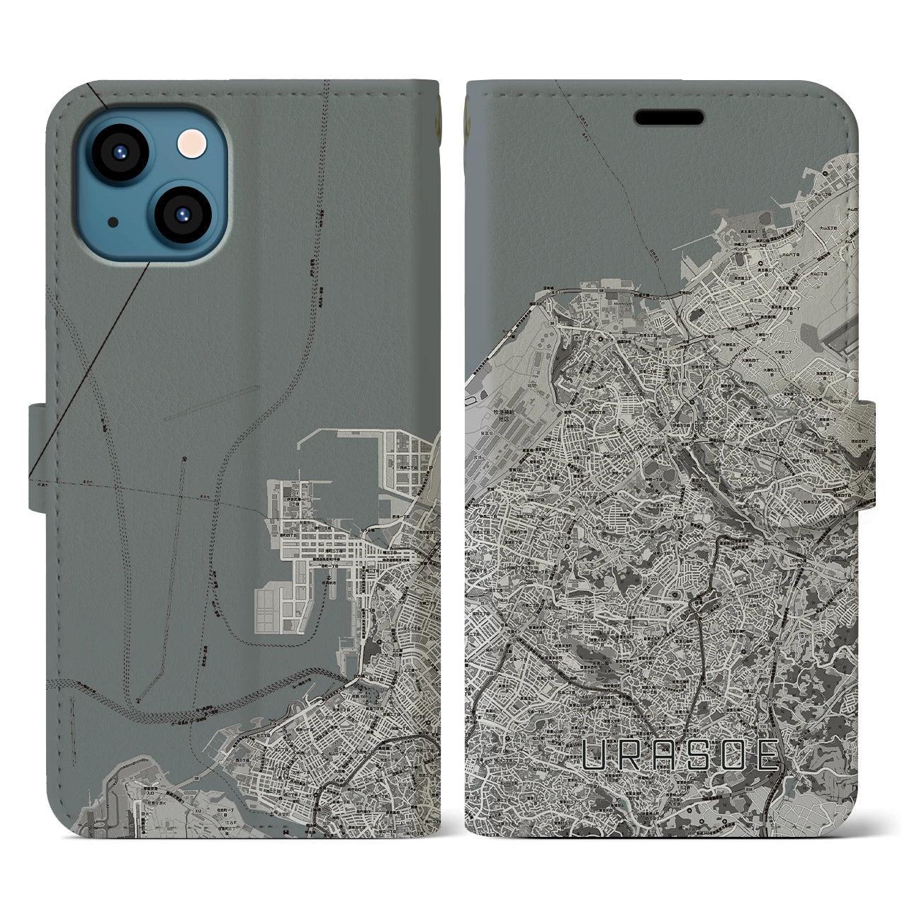 【浦添(沖縄県)】地図柄iPhoneケース(手帳タイプ)モノトーン・iPhone 13 用