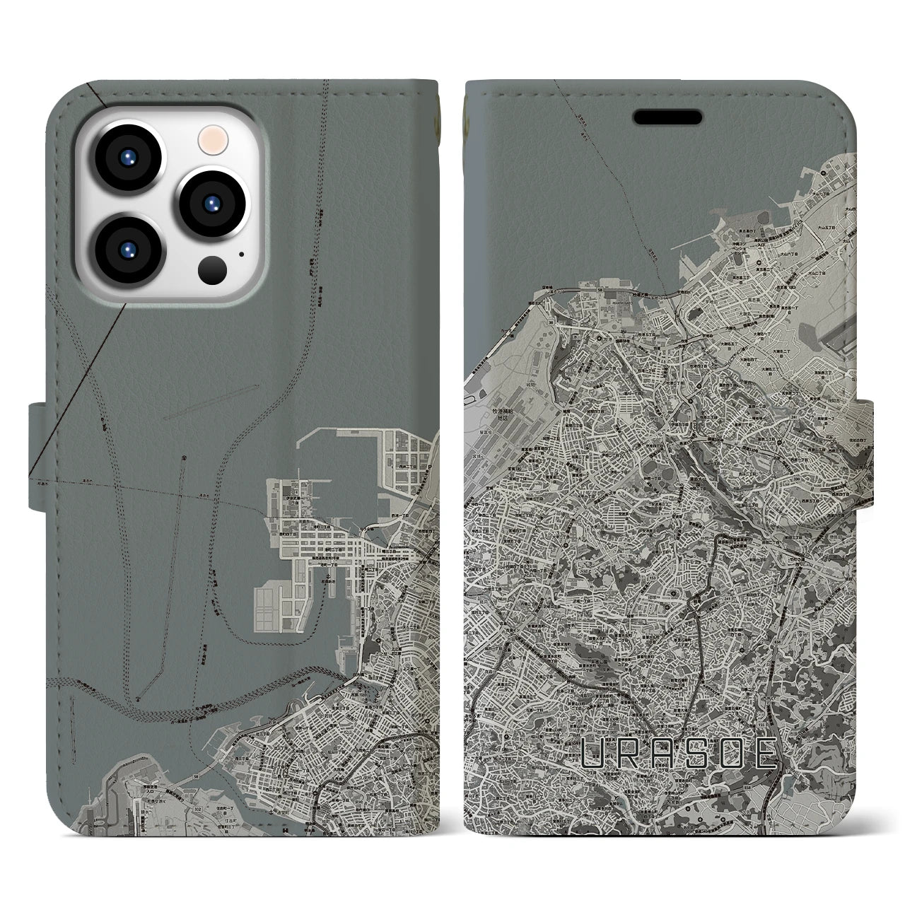 【浦添(沖縄県)】地図柄iPhoneケース(手帳タイプ)モノトーン・iPhone 13 Pro 用