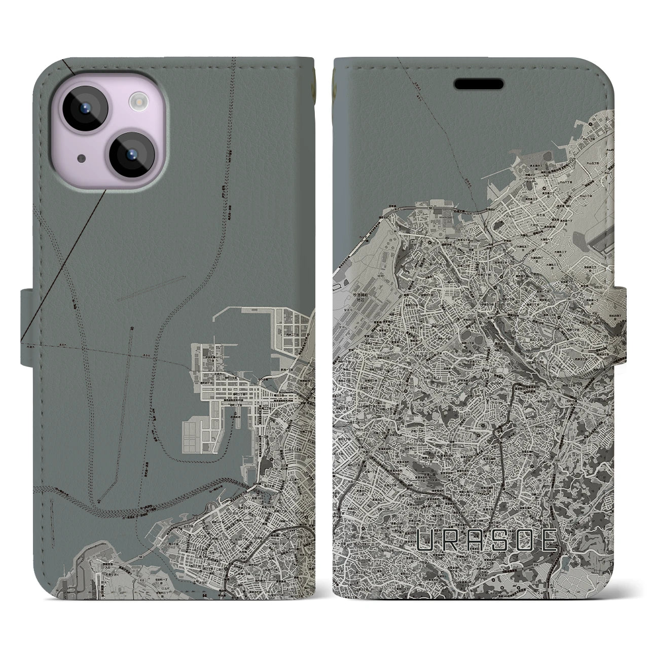 【浦添(沖縄県)】地図柄iPhoneケース(手帳タイプ)モノトーン・iPhone 14 用