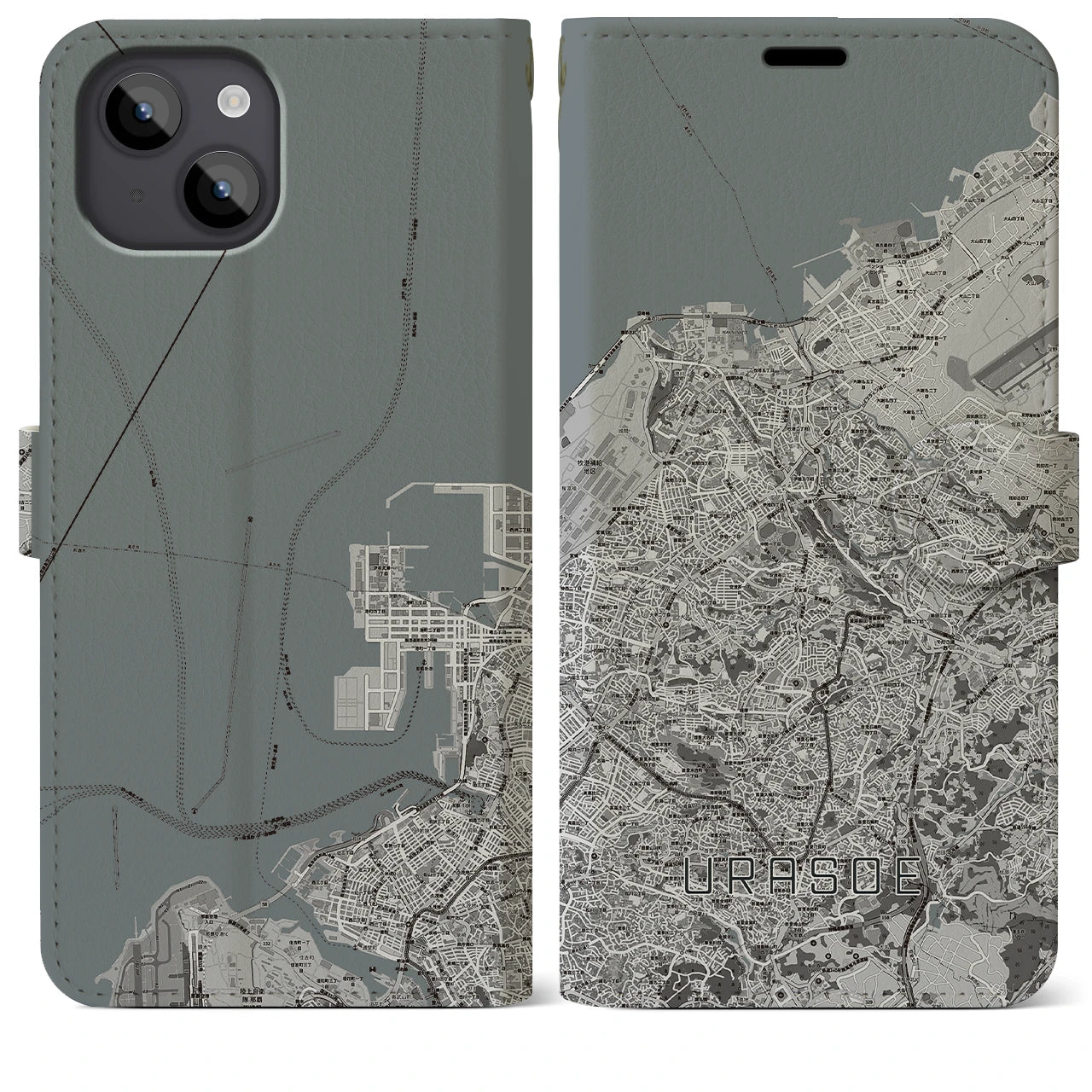 【浦添(沖縄県)】地図柄iPhoneケース(手帳タイプ)モノトーン・iPhone 14 Plus 用