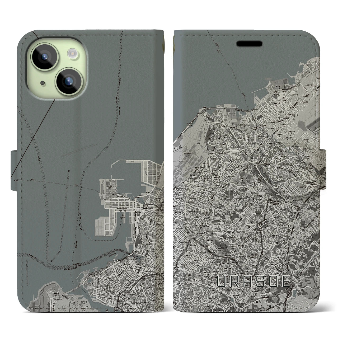 【浦添(沖縄県)】地図柄iPhoneケース(手帳タイプ)モノトーン・iPhone 15 用