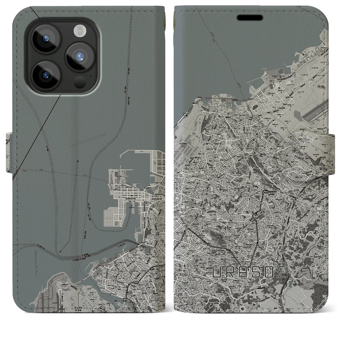 【浦添(沖縄県)】地図柄iPhoneケース(手帳タイプ)モノトーン・iPhone 15 Pro Max 用