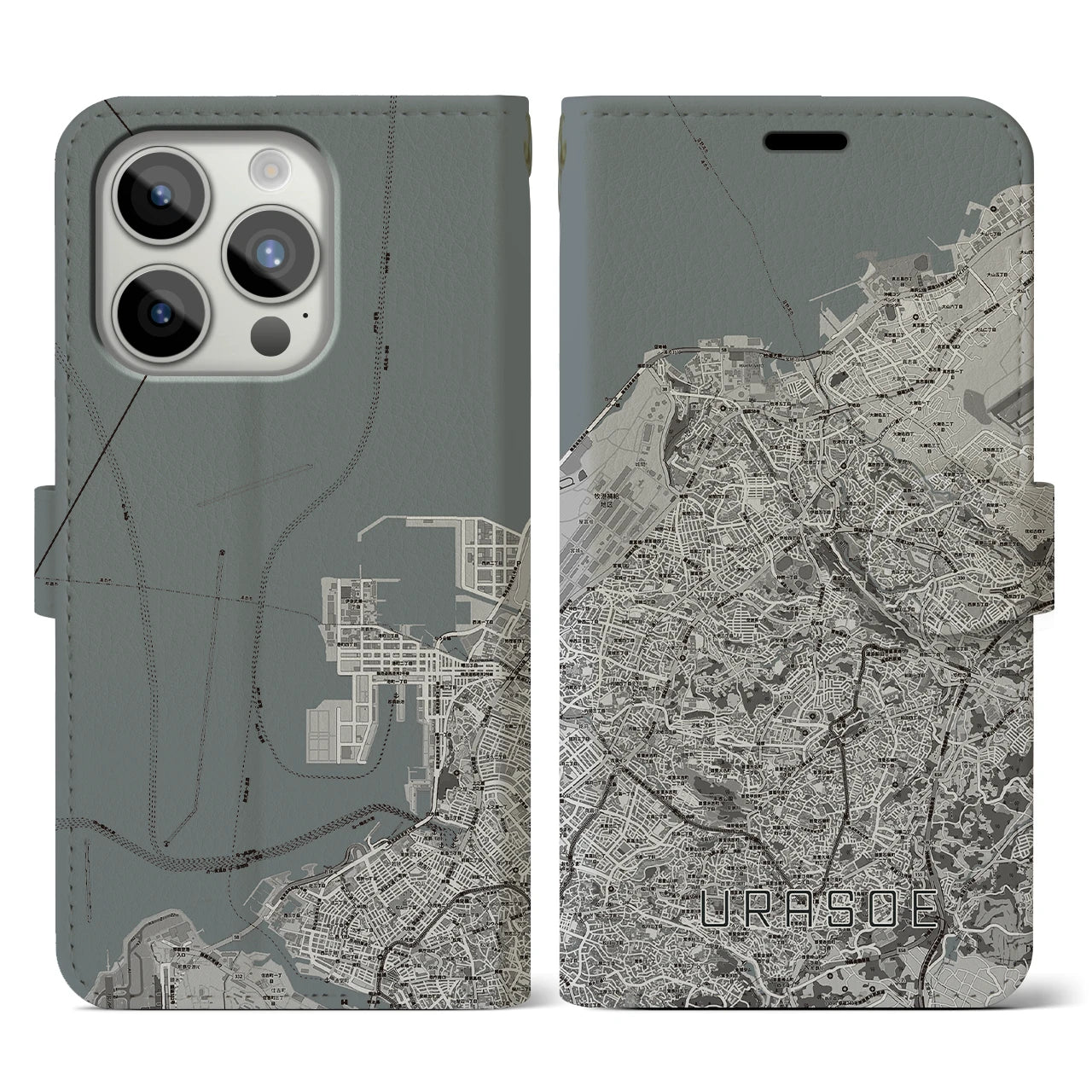 【浦添(沖縄県)】地図柄iPhoneケース(手帳タイプ)モノトーン・iPhone 15 Pro 用