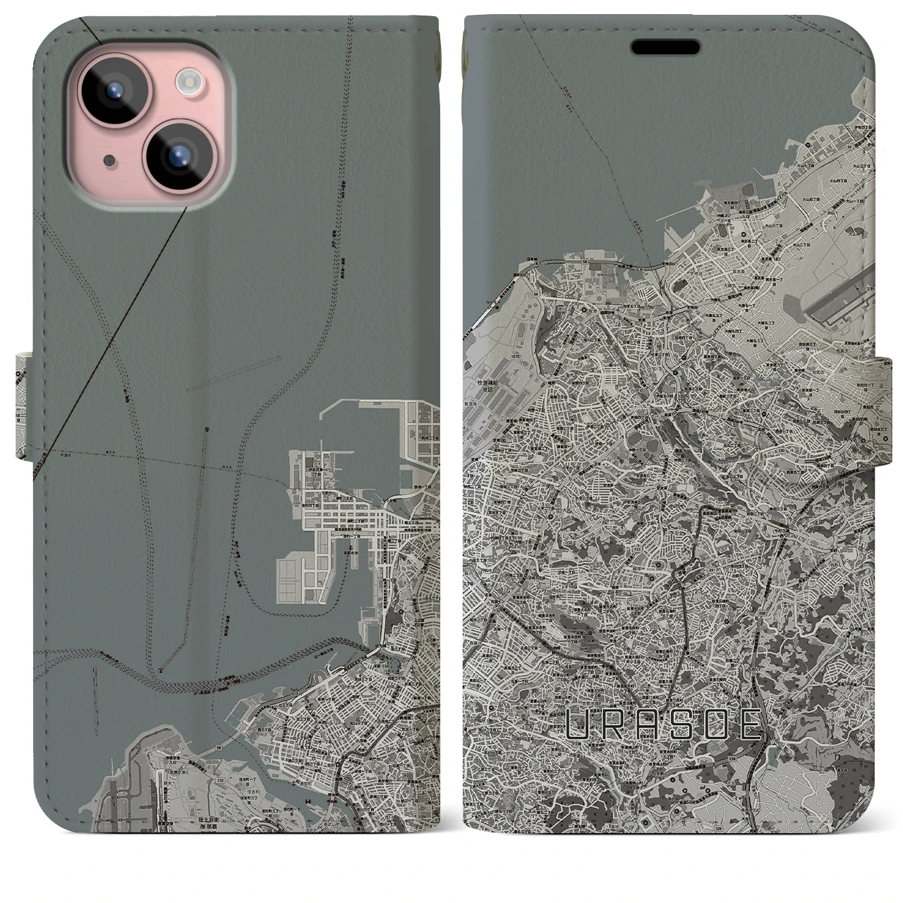 【浦添(沖縄県)】地図柄iPhoneケース(手帳タイプ)モノトーン・iPhone 15 Plus 用