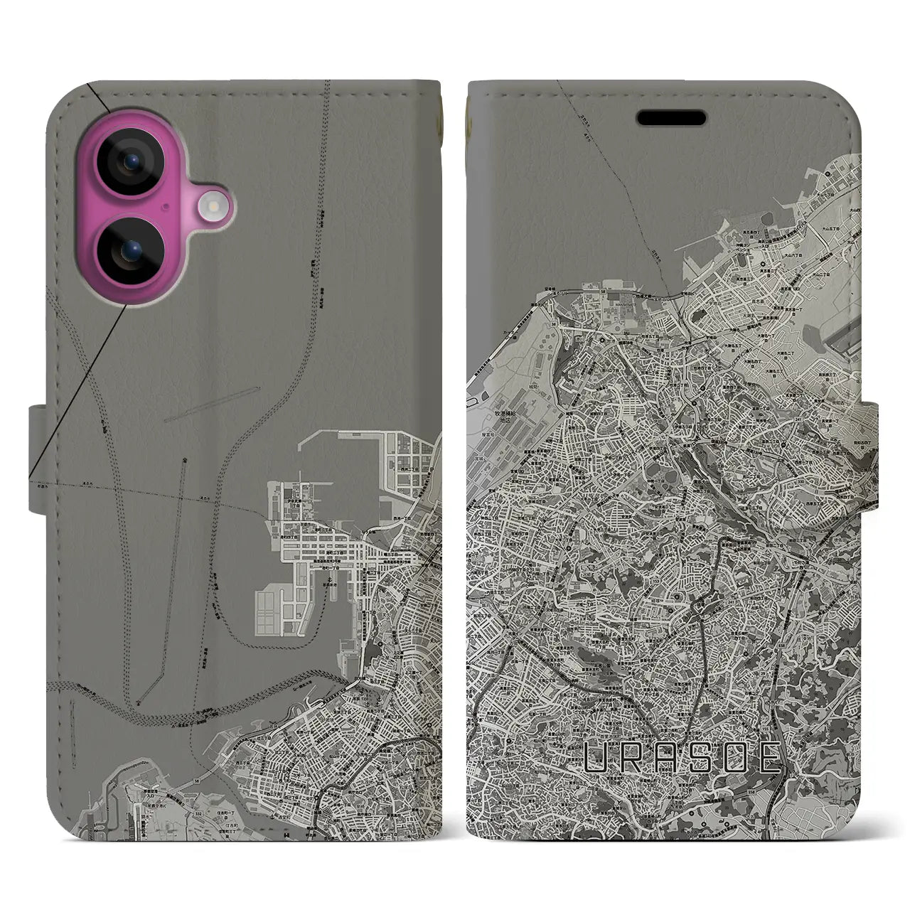 【浦添(沖縄県)】地図柄iPhoneケース(手帳タイプ)モノトーン・iPhone 16 Pro 用