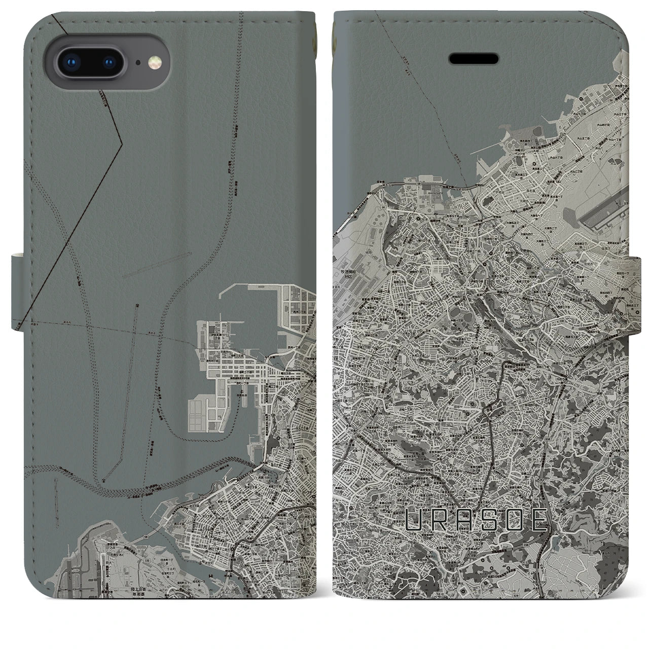 【浦添(沖縄県)】地図柄iPhoneケース(手帳タイプ)モノトーン・iPhone 8Plus /7Plus / 6sPlus / 6Plus 用