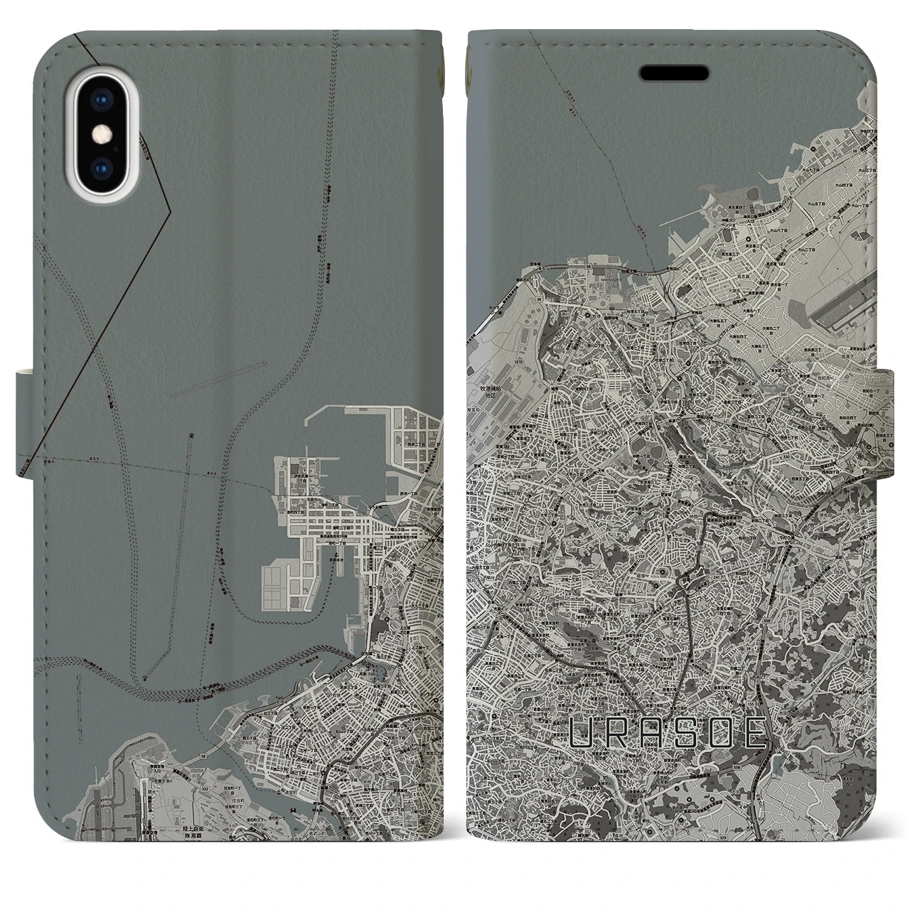 【浦添(沖縄県)】地図柄iPhoneケース(手帳タイプ)モノトーン・iPhone XS Max 用