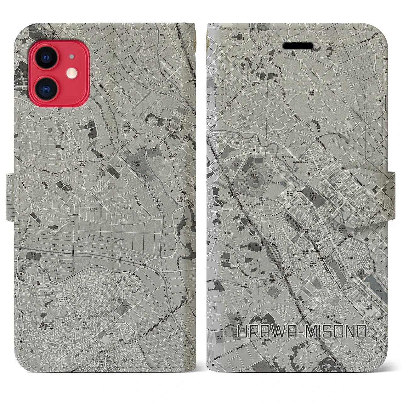 【浦和美園2(埼玉県)】地図柄iPhoneケース(手帳タイプ)モノトーン・iPhone 11 用