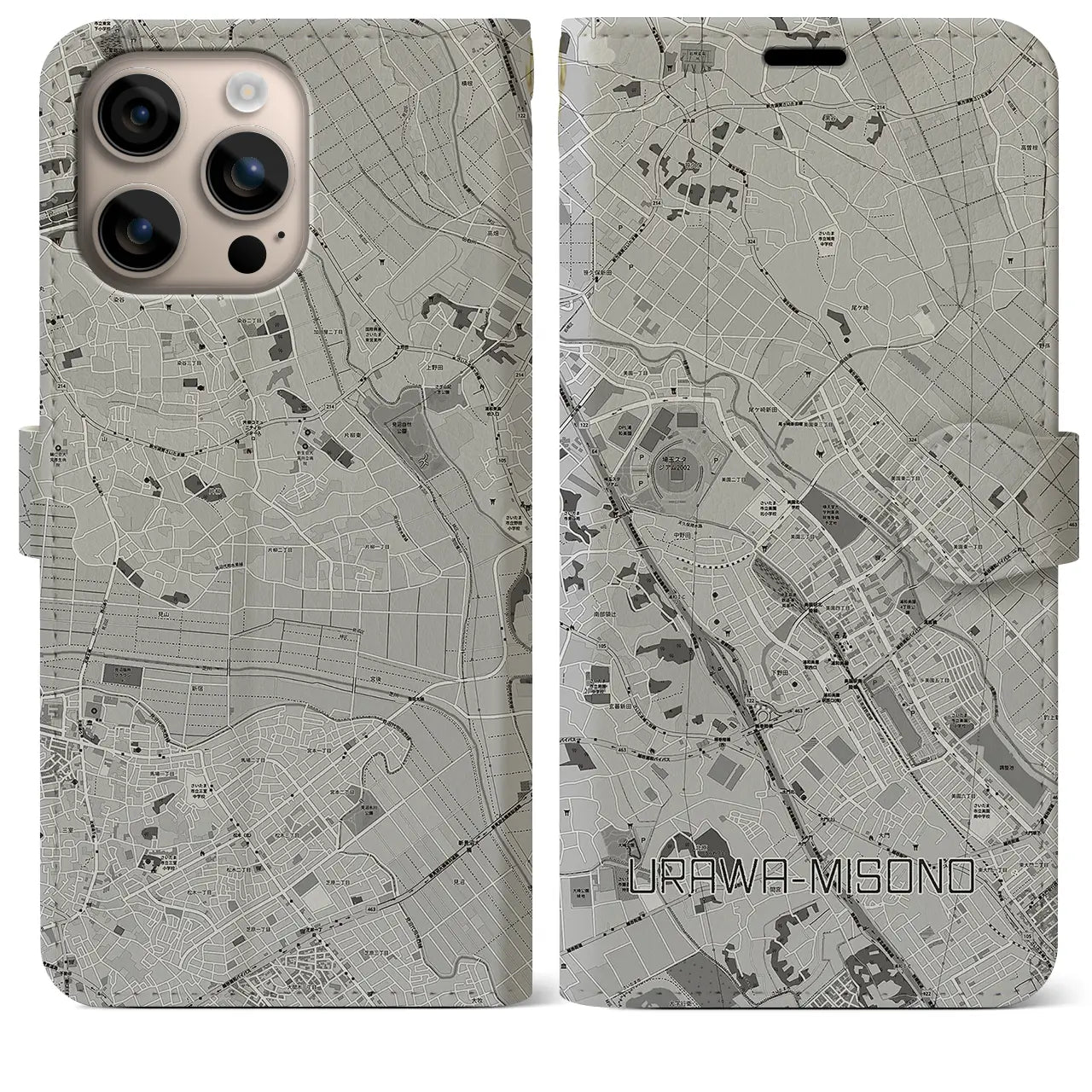 【浦和美園2(埼玉県)】地図柄iPhoneケース(手帳タイプ)モノトーン・iPhone 16 Plus 用