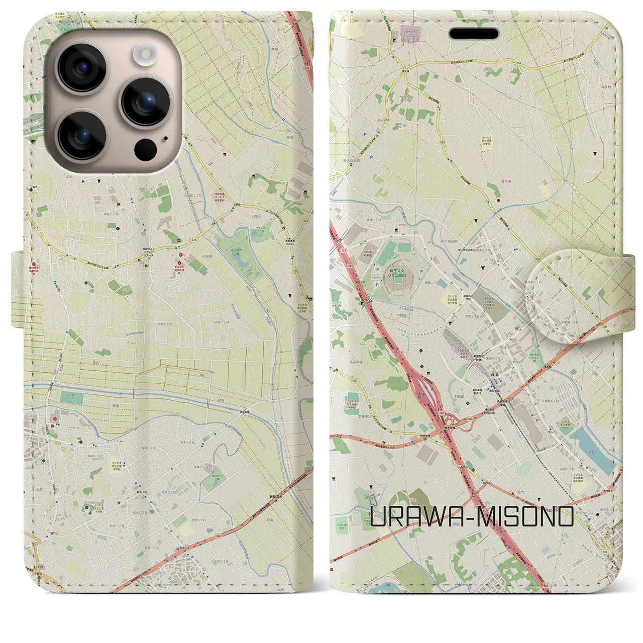 【浦和美園2(埼玉県)】地図柄iPhoneケース(手帳タイプ)ナチュラル・iPhone 16 Plus 用