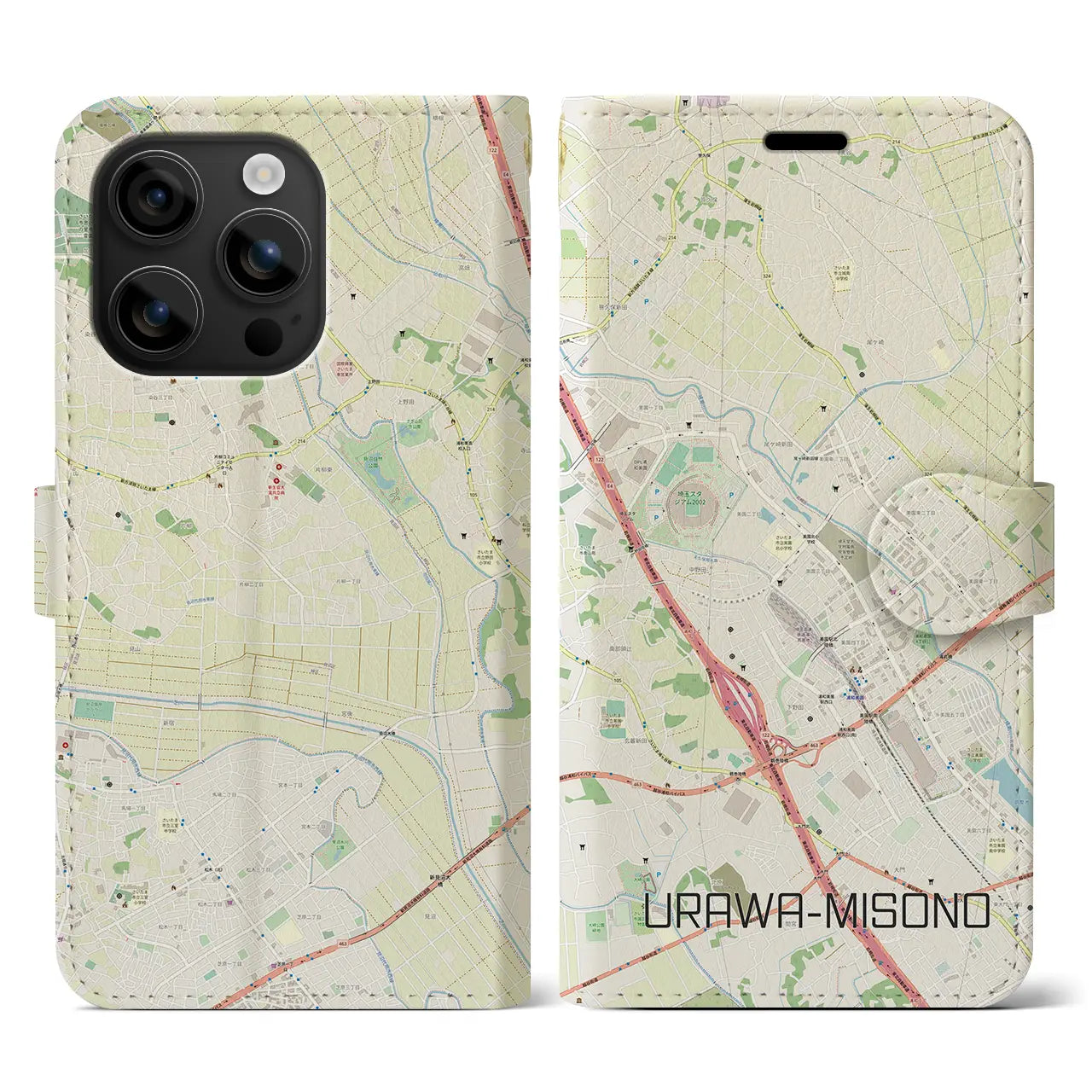 【浦和美園2(埼玉県)】地図柄iPhoneケース(手帳タイプ)ナチュラル・iPhone 16 用