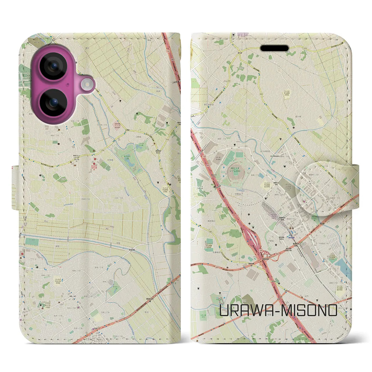 【浦和美園2(埼玉県)】地図柄iPhoneケース(手帳タイプ)ナチュラル・iPhone 16 Pro 用