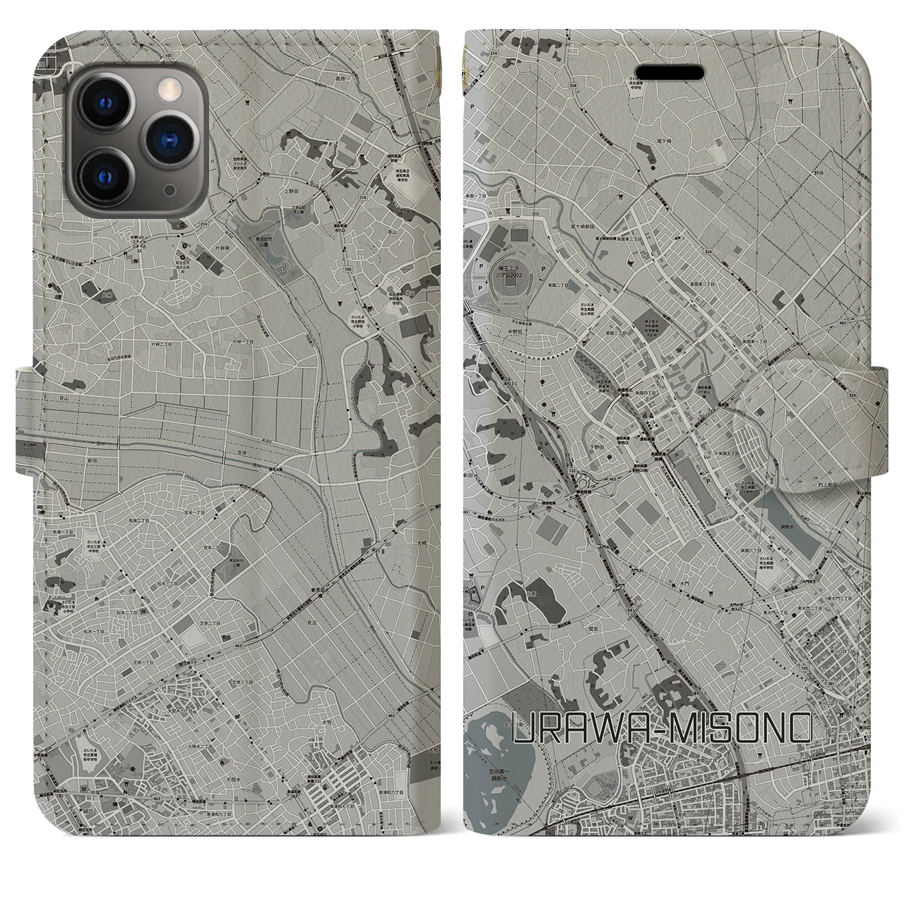 【浦和美園(埼玉県)】地図柄iPhoneケース(手帳タイプ)モノトーン・iPhone 11 Pro Max 用