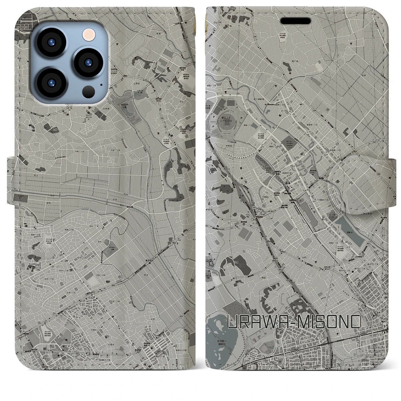 【浦和美園(埼玉県)】地図柄iPhoneケース(手帳タイプ)モノトーン・iPhone 13 Pro Max 用