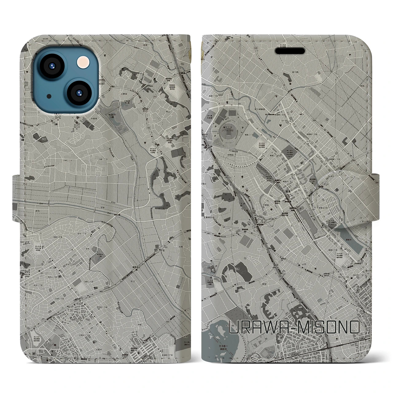 【浦和美園(埼玉県)】地図柄iPhoneケース(手帳タイプ)モノトーン・iPhone 13 用