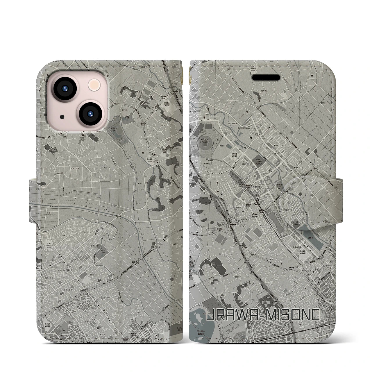 【浦和美園(埼玉県)】地図柄iPhoneケース(手帳タイプ)モノトーン・iPhone 13 mini 用