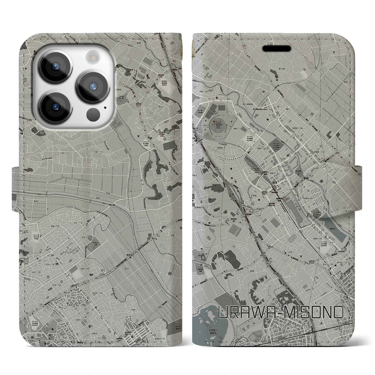 【浦和美園(埼玉県)】地図柄iPhoneケース(手帳タイプ)モノトーン・iPhone 14 Pro 用