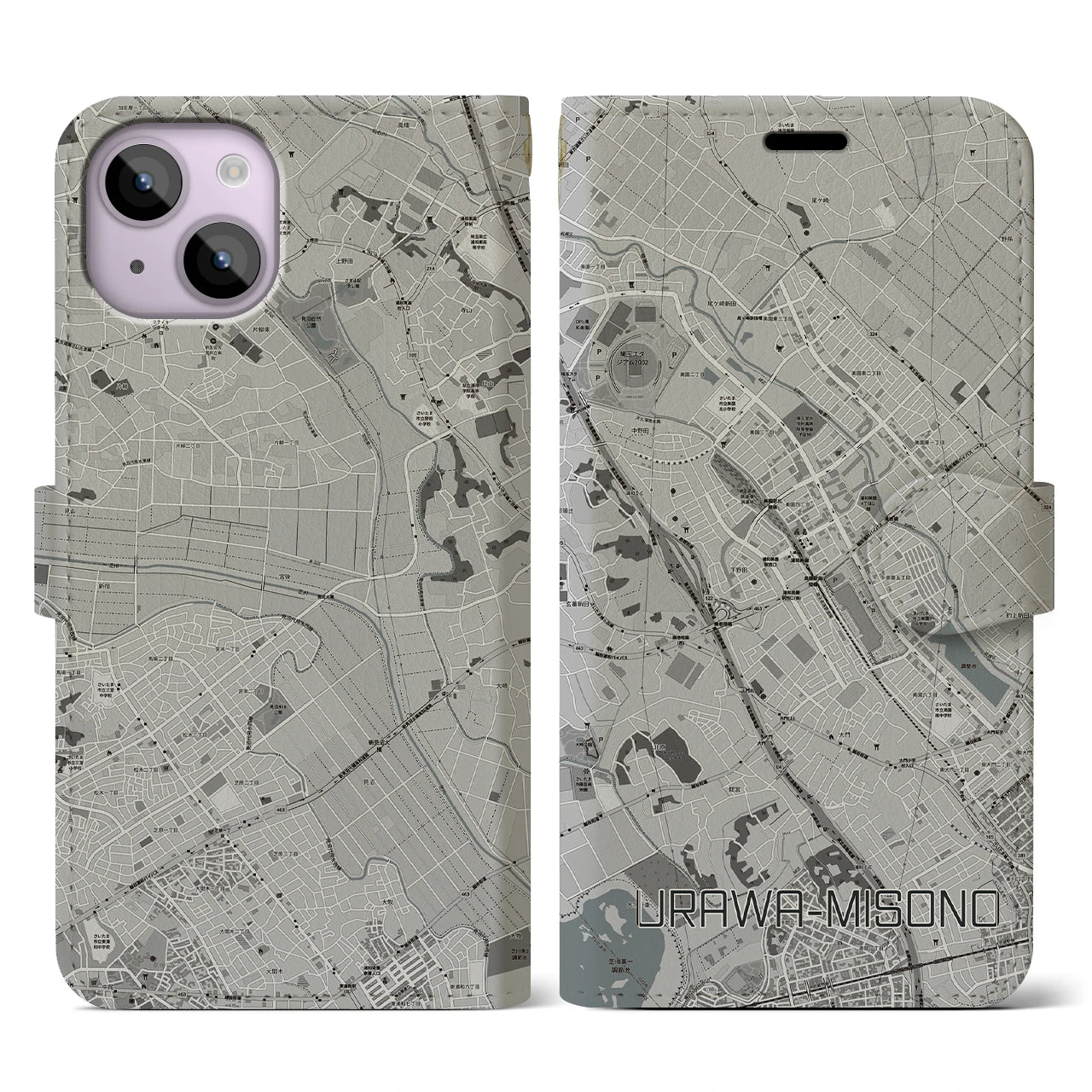【浦和美園(埼玉県)】地図柄iPhoneケース(手帳タイプ)モノトーン・iPhone 14 用