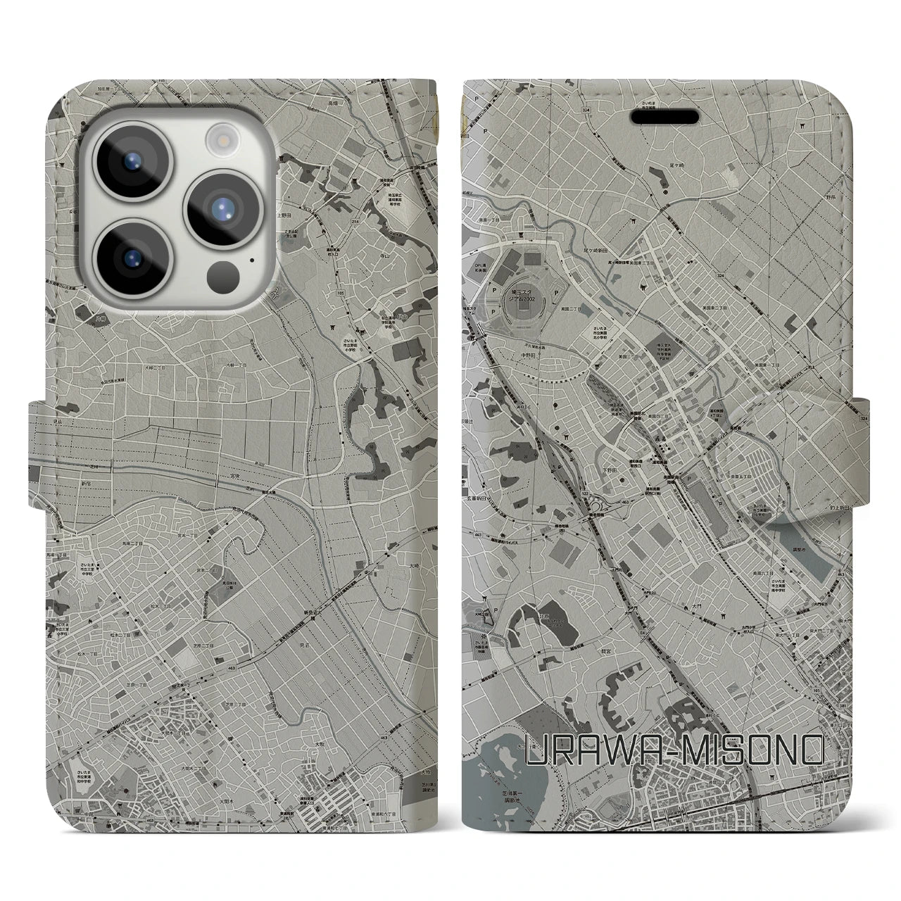 【浦和美園(埼玉県)】地図柄iPhoneケース(手帳タイプ)モノトーン・iPhone 15 Pro 用