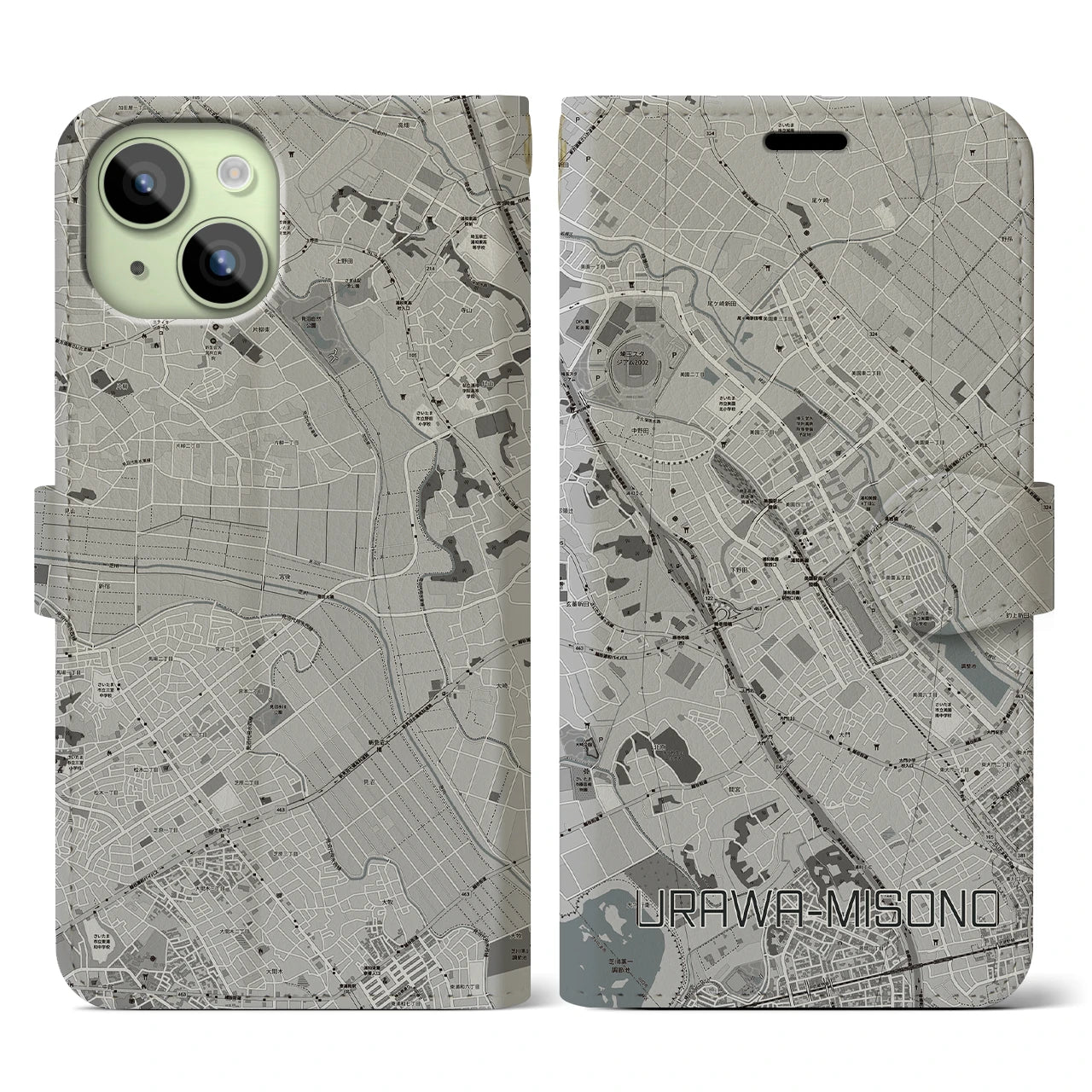 【浦和美園(埼玉県)】地図柄iPhoneケース(手帳タイプ)モノトーン・iPhone 15 用