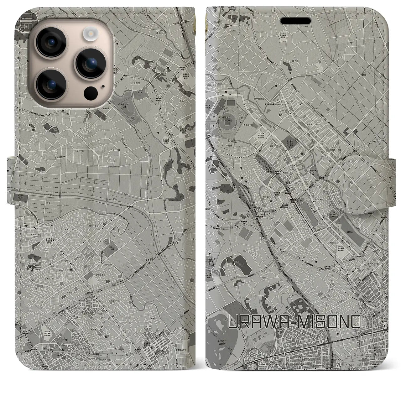 【浦和美園(埼玉県)】地図柄iPhoneケース(手帳タイプ)モノトーン・iPhone 16 Plus 用