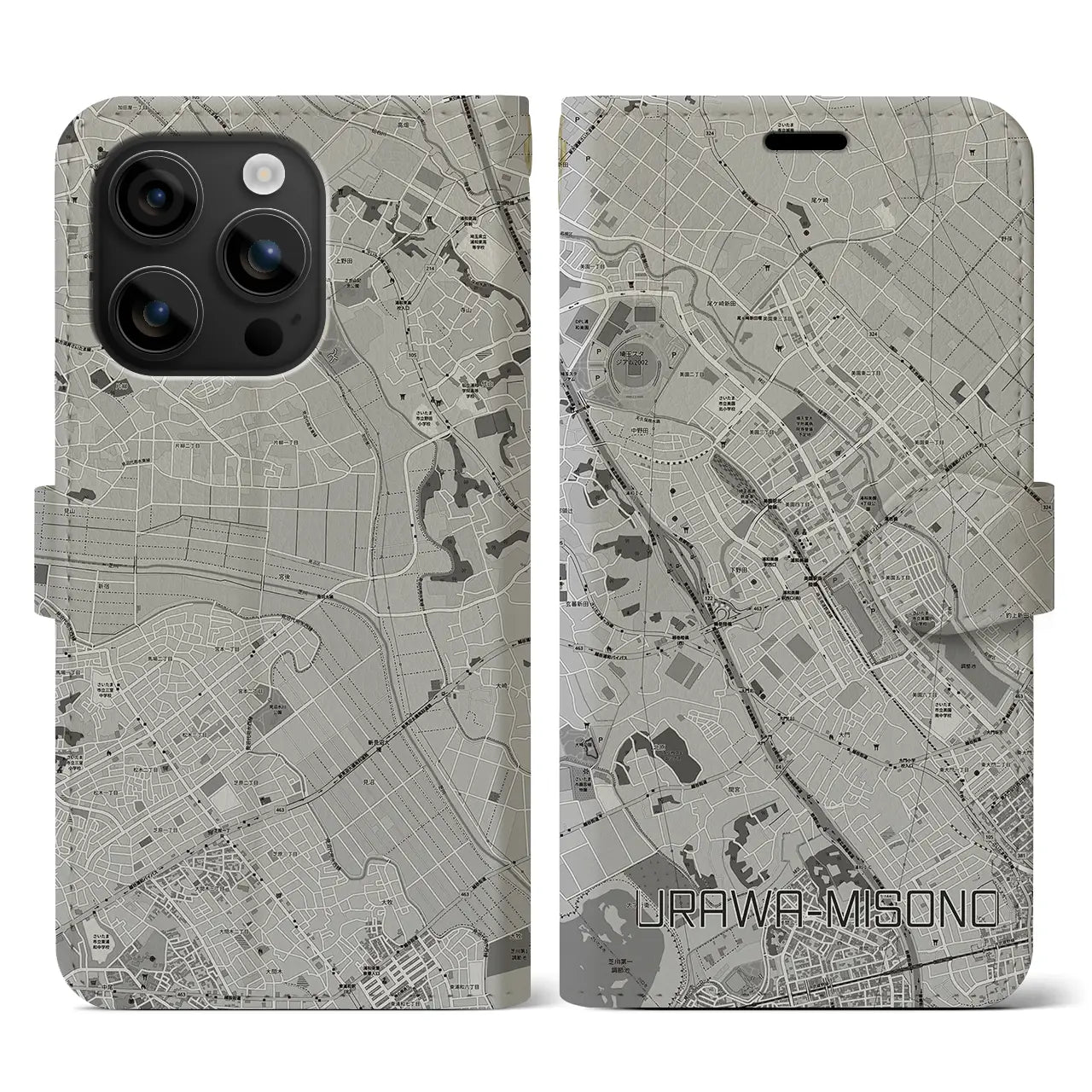 【浦和美園(埼玉県)】地図柄iPhoneケース(手帳タイプ)モノトーン・iPhone 16 用
