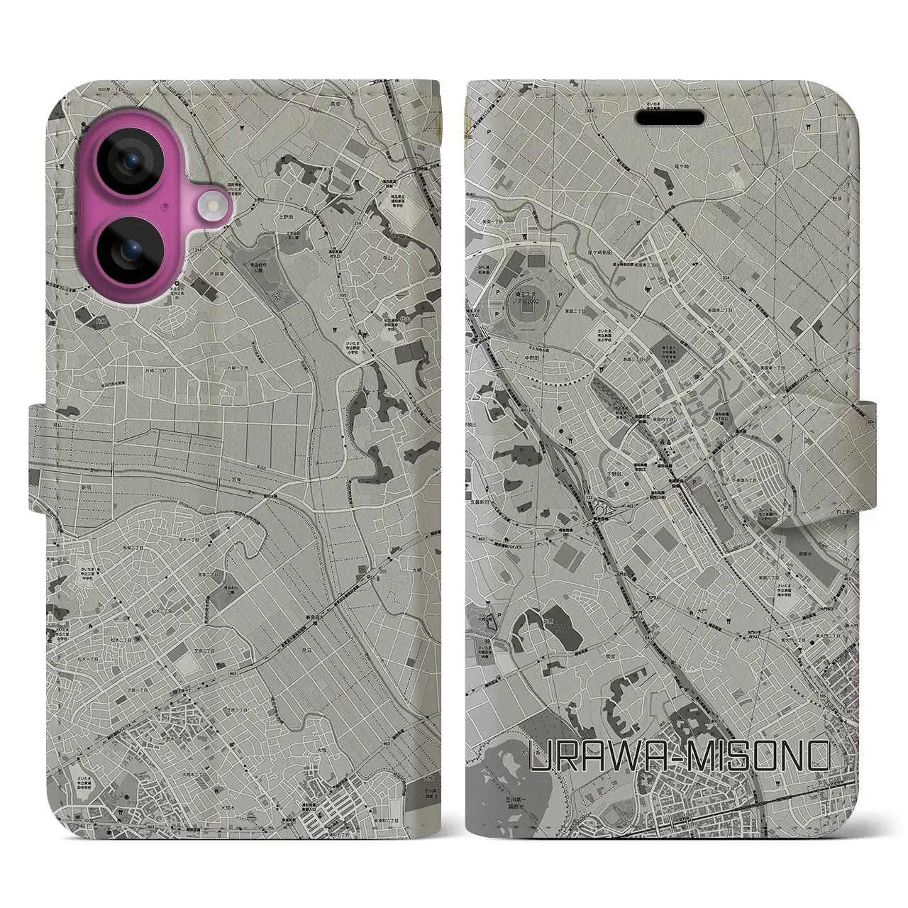 【浦和美園(埼玉県)】地図柄iPhoneケース(手帳タイプ)モノトーン・iPhone 16 Pro 用