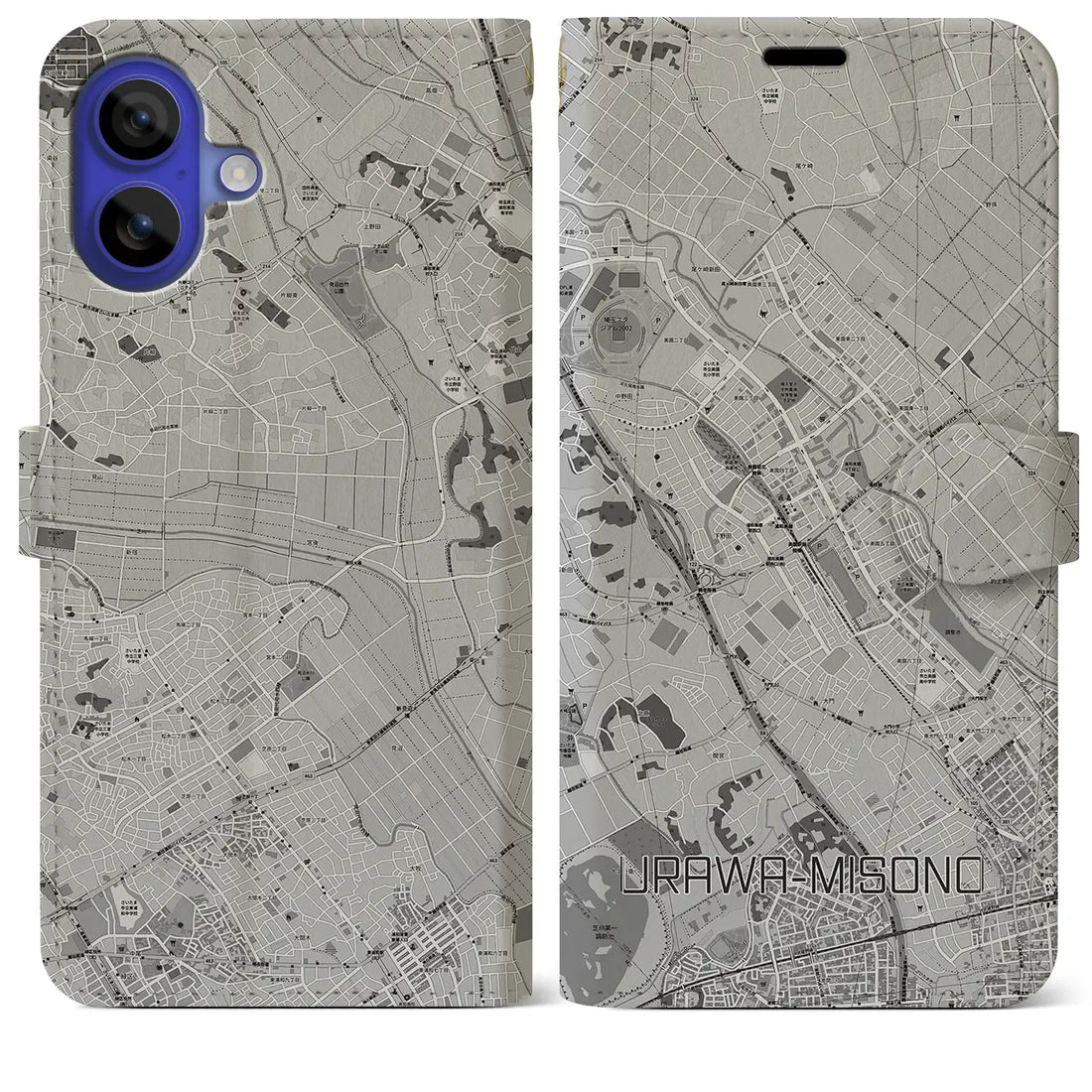 【浦和美園(埼玉県)】地図柄iPhoneケース(手帳タイプ)モノトーン・iPhone 16 Pro Max 用